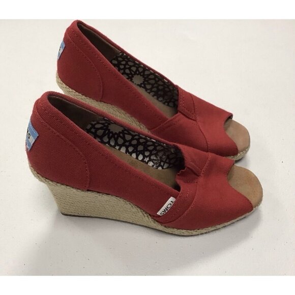 TOMS Womens Classic Wedge Size 6 Red Sandal Cork Boho Chic Bohemian Preppy ❤️ - Picture 1 of 5